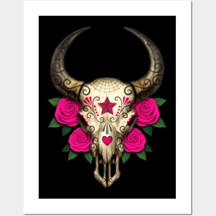 Bull Sugar Skull with Pink Roses Posters and Art